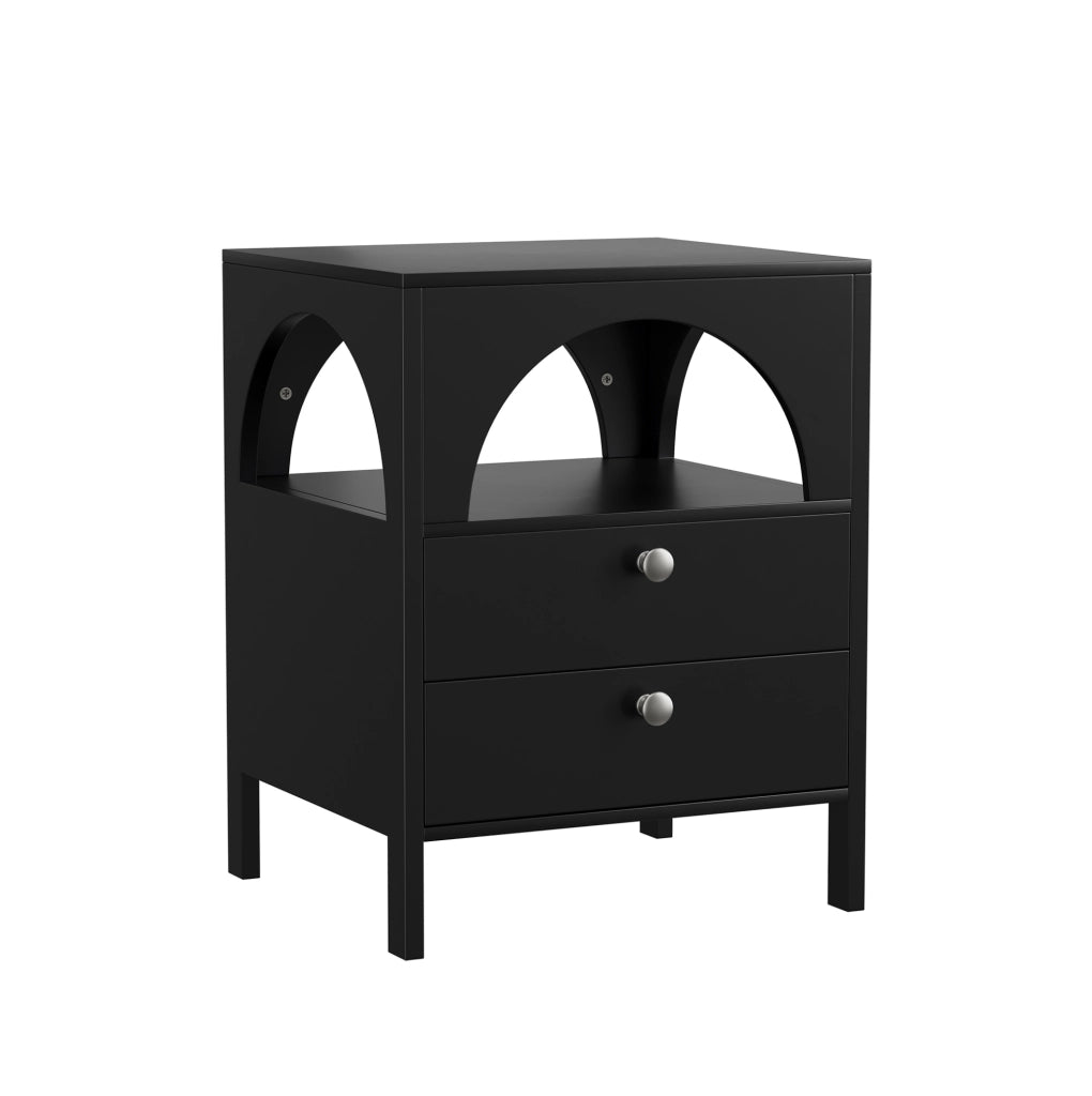 Comodino moderno 45x40x58 cm con 2 cassetti e vano aperto in MDF nero