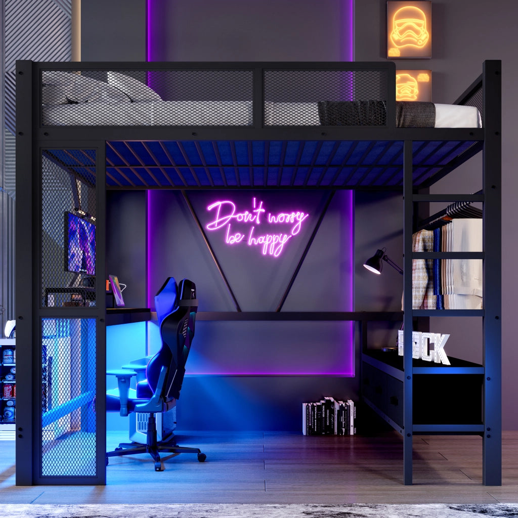 Letto a castello in metallo e MDF nero con scrivania LED USB e cassetti 140x200 cm