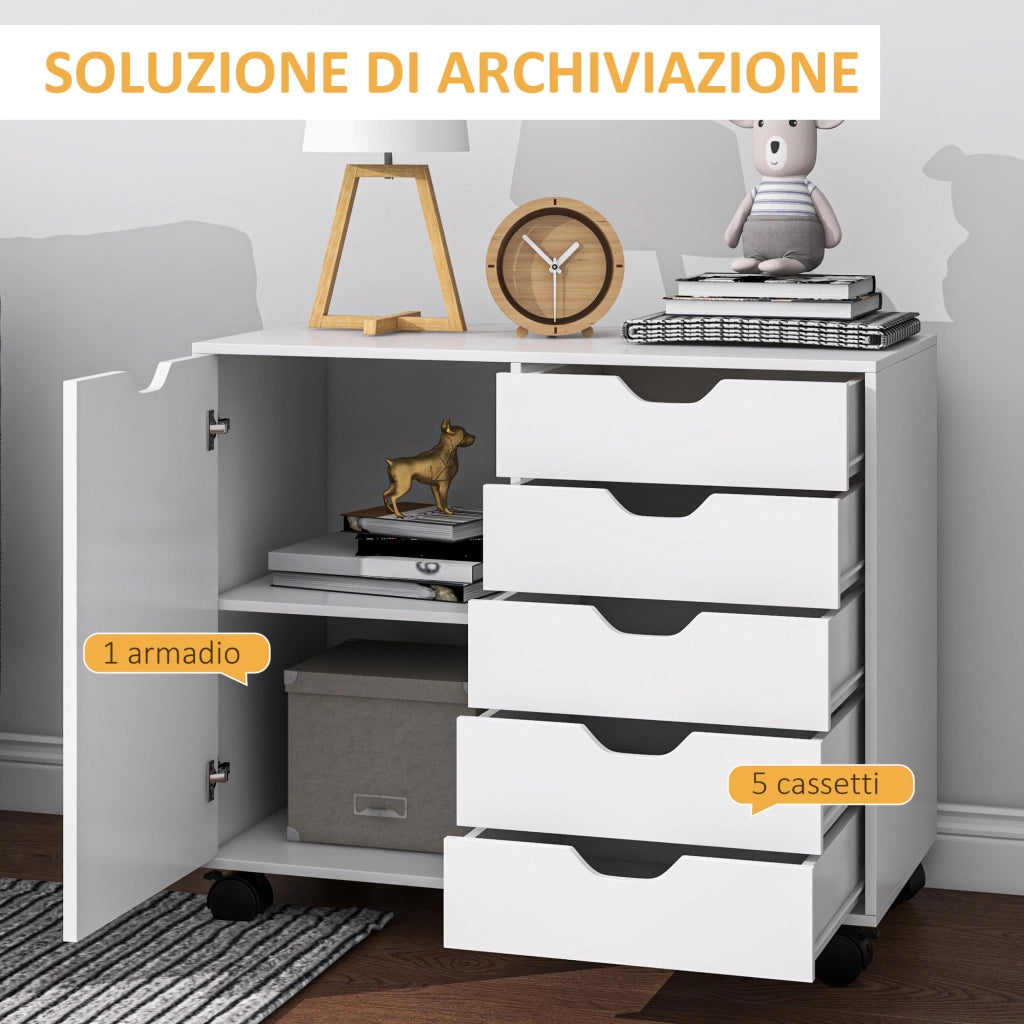 Cassettiera da Ufficio 78x40x66,5 cm Mobile Laterale con 5 Cassetti con Ruote in Melamina Bianco