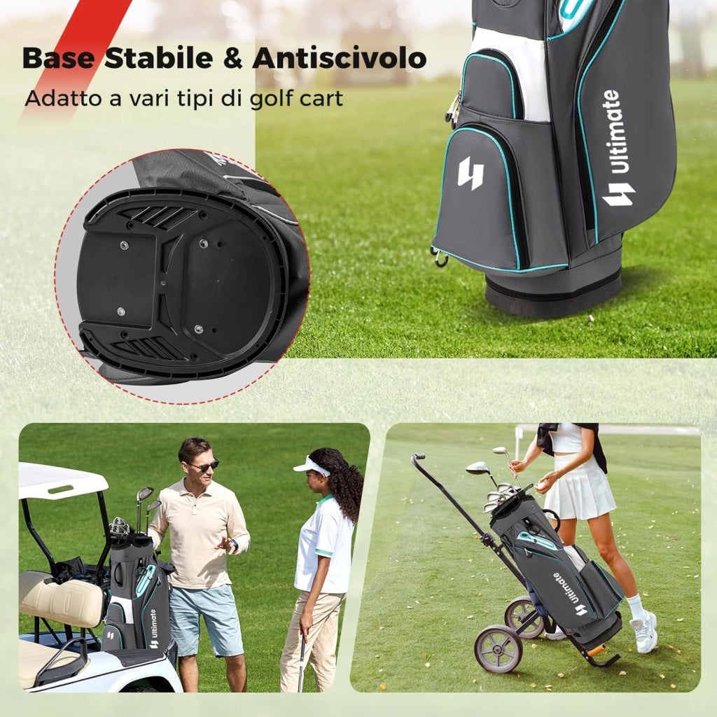 Borsa da Golf per Carrello con 14 Scomparti, Organizzatore Portatile per Mazze da Golf con Tasca Frigo, Tracolla Regolabile, Cappuccio Antipioggia e Porta Ombrello per Uomo e Donna