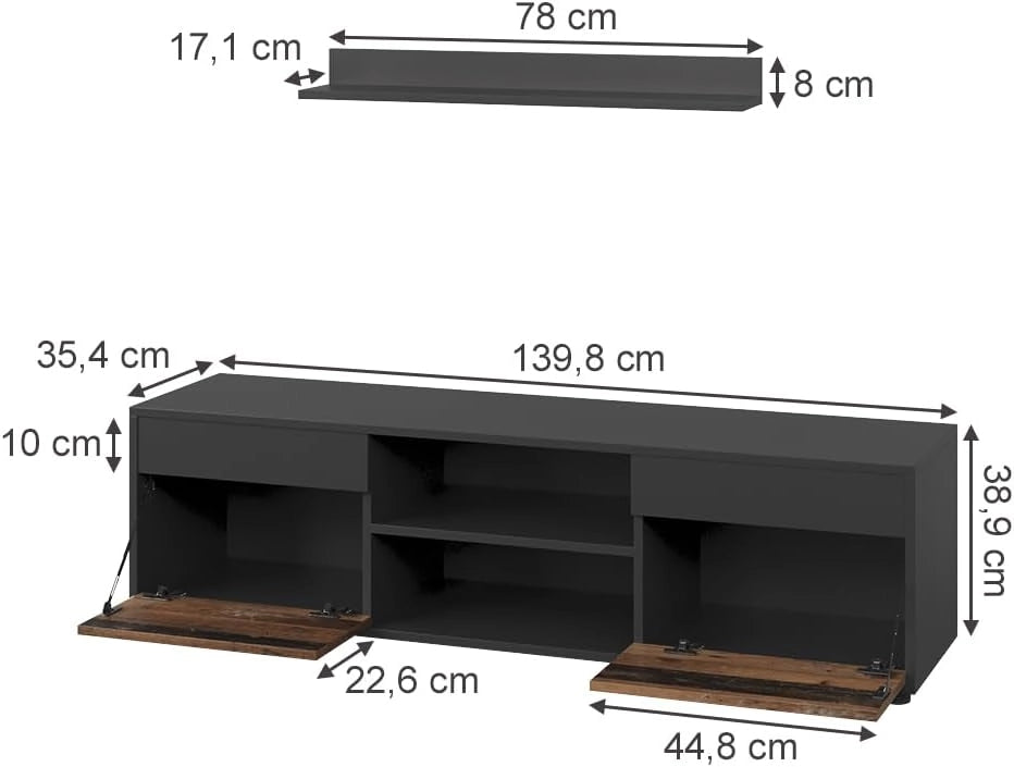Parete attrezzata soggiorno Berno, Nero/antico, 2 parti, per la conservazione di accessori multimediali e l'esposizione di decorazioni