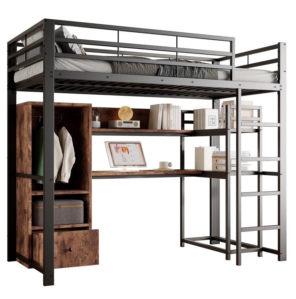 Letto a soppalco 90x200 cm in metallo e MDF; nero; con LED; scrivania; cassetto e ripiani