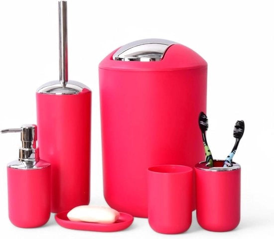 Set da bagno 6 pezzi, accessori da bagno vari, con dispenser sapone e spazzola per il water (disegno rosso 2)