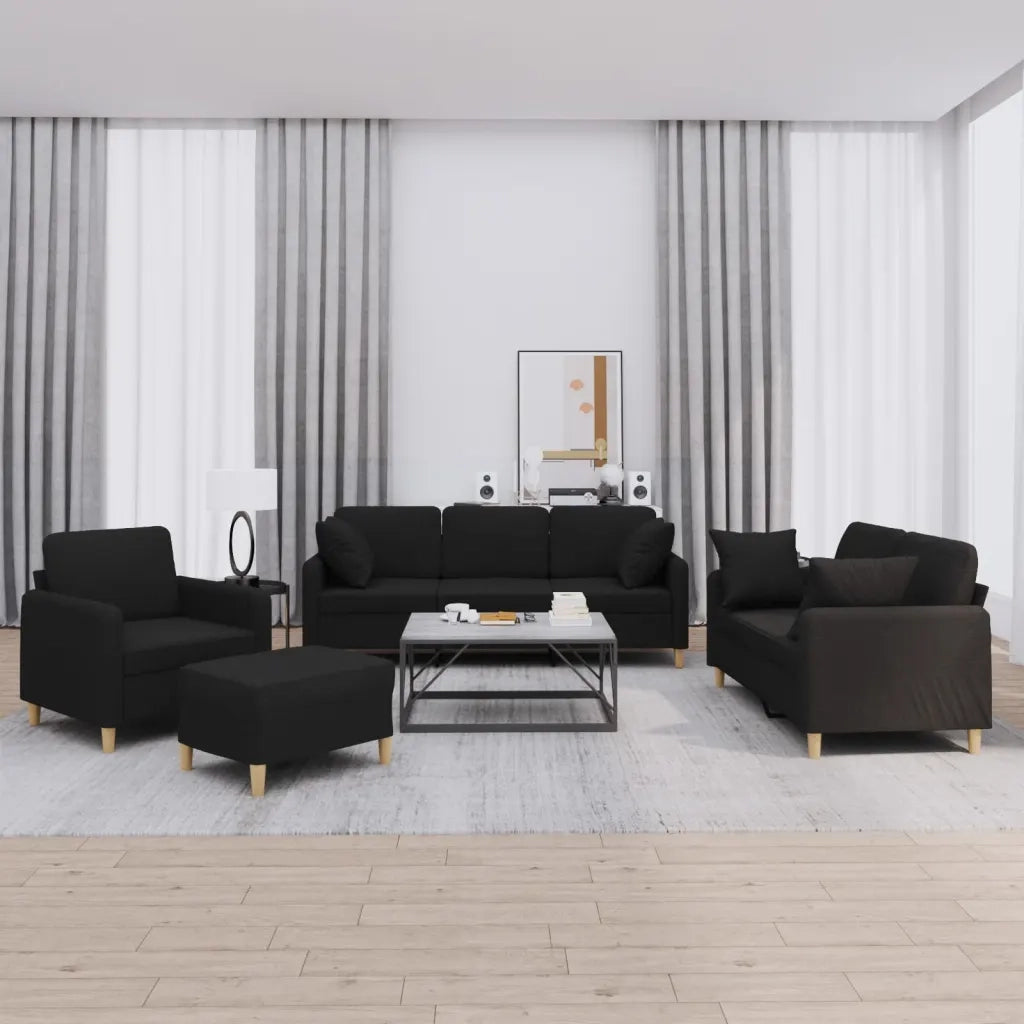 Set Divani 4 pz con Cuscini Nero in Tessuto