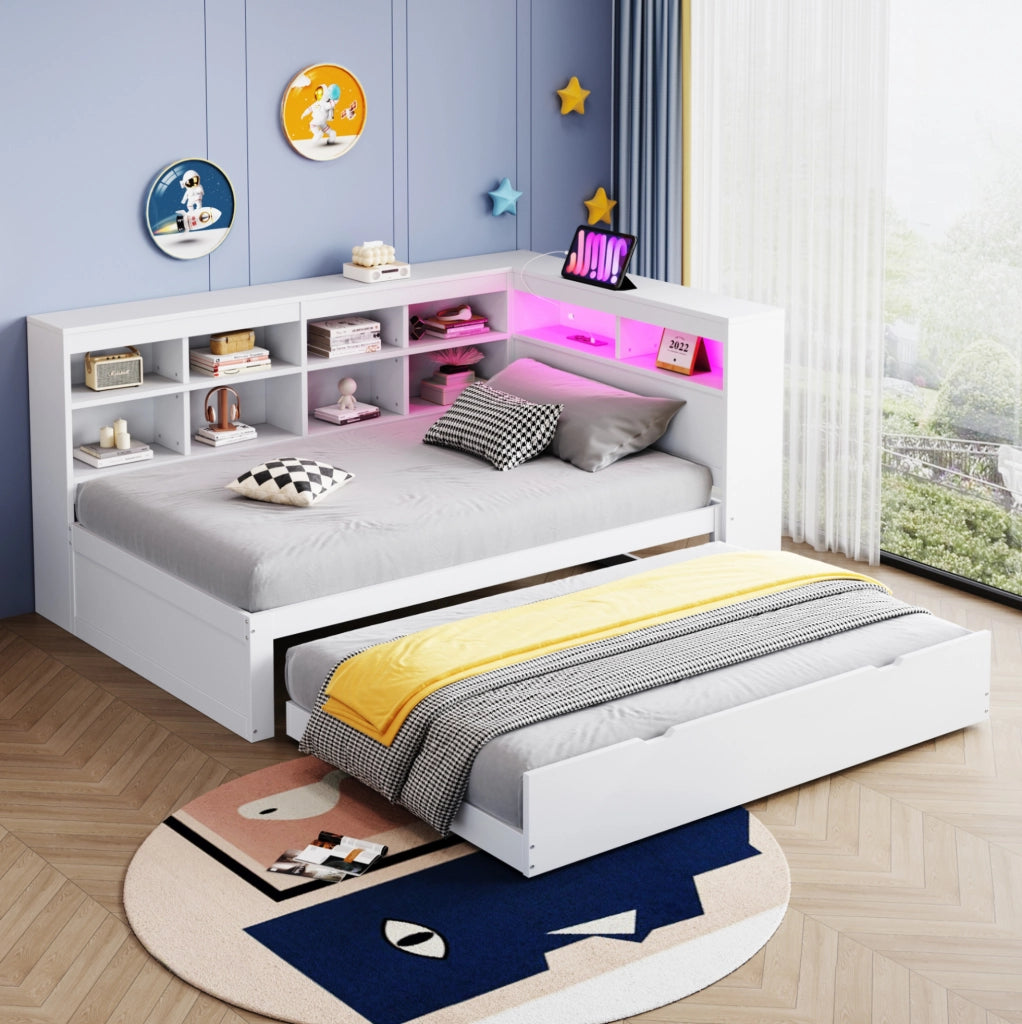 Letto singolo multifunzionale con letto estraibile 90x200 cm; USB; LED; bianco