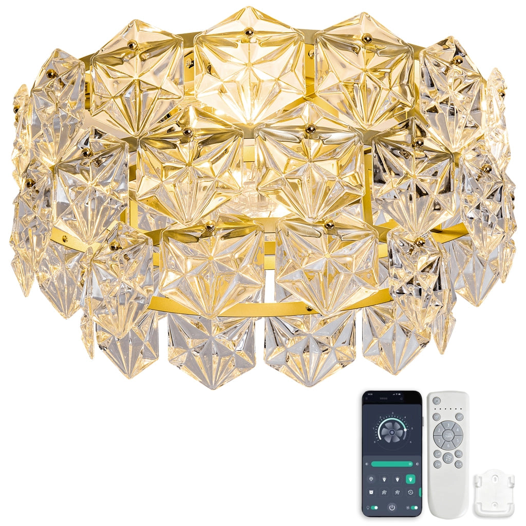 Ventilatore da soffitto 19 pollici con lampadario cristallo, stile lusso oro, motivo rombi, pale ABS, compatibile app, 6 velocit¨¤ reversibili