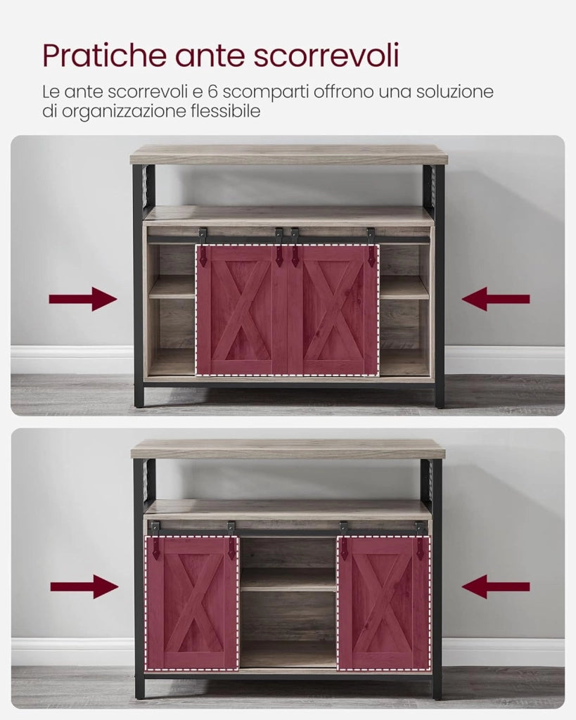 VASAGLE Credenza, Mobile da Cucina, Armadietto Organizzatore, con 2 Ante Scorrevoli, 33 x 100 x 80 cm, Ripiani Regolabili, Stile Country, per Soggiorno, Greige Melange e Nero Inchiostro LSC092B02
