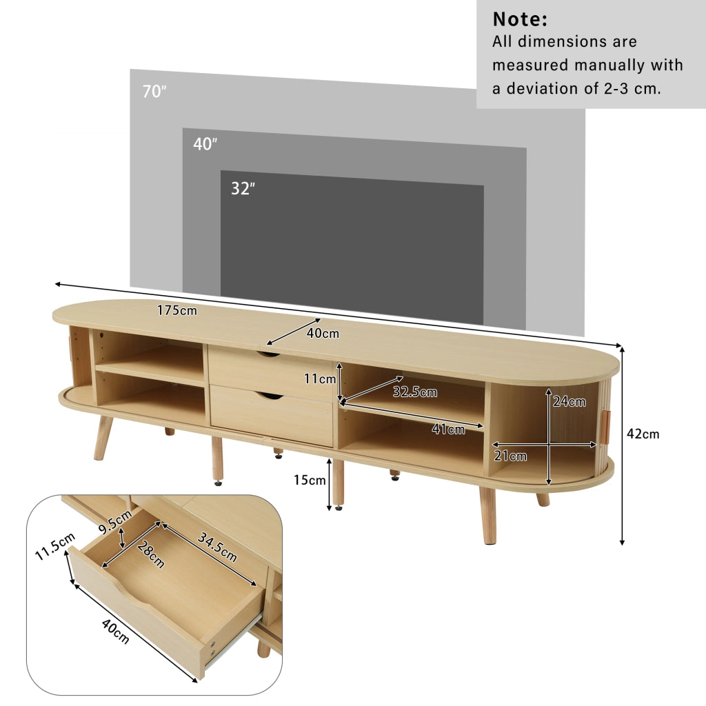 Mobile TV con 2 Cassetti e 2 Ante Scorrevoli; Ripiani Regolabili; per Soggiorno; in MDF; Noce Chiaro; 175×40×42 cm