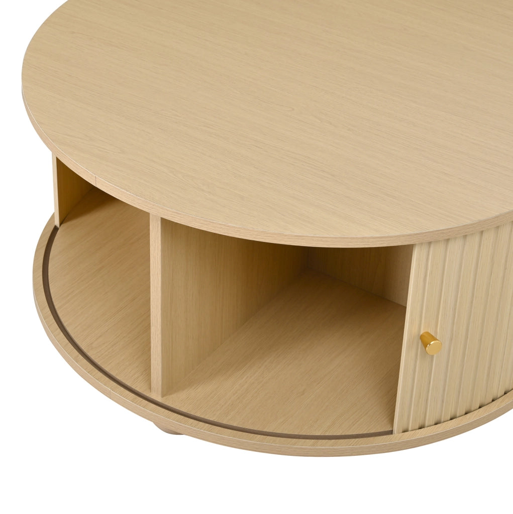 Tavolino da salotto rotondo 72x72x38 cm con due ante scorrevoli in MDF naturale