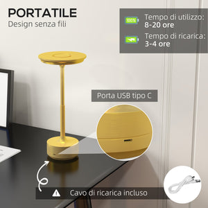 Lampada da Tavolo a LED Senza Filo Touch Ø13x28,5 cm Batteria Ricaricabile Oro