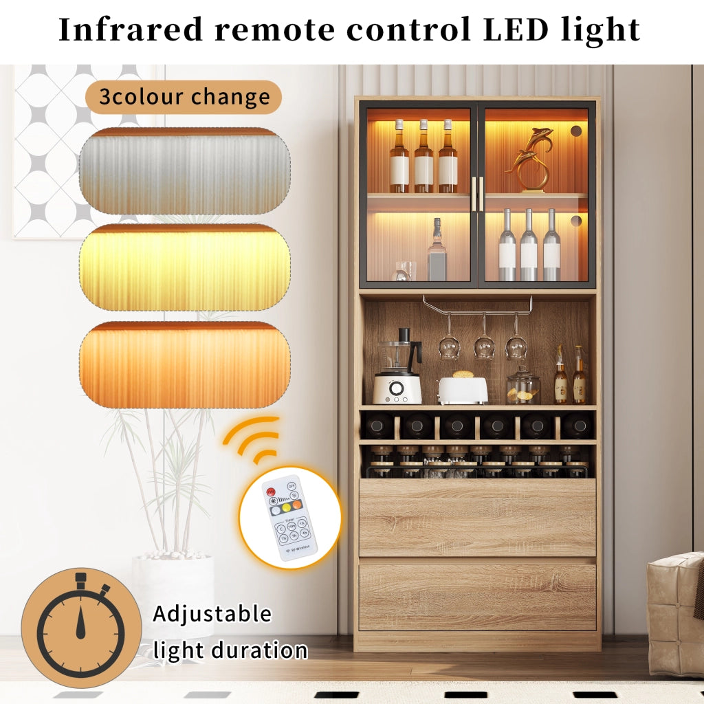 Mobile con ante in vetro; LED e cassetti - per bagno - in MDF - naturale - 180 cm