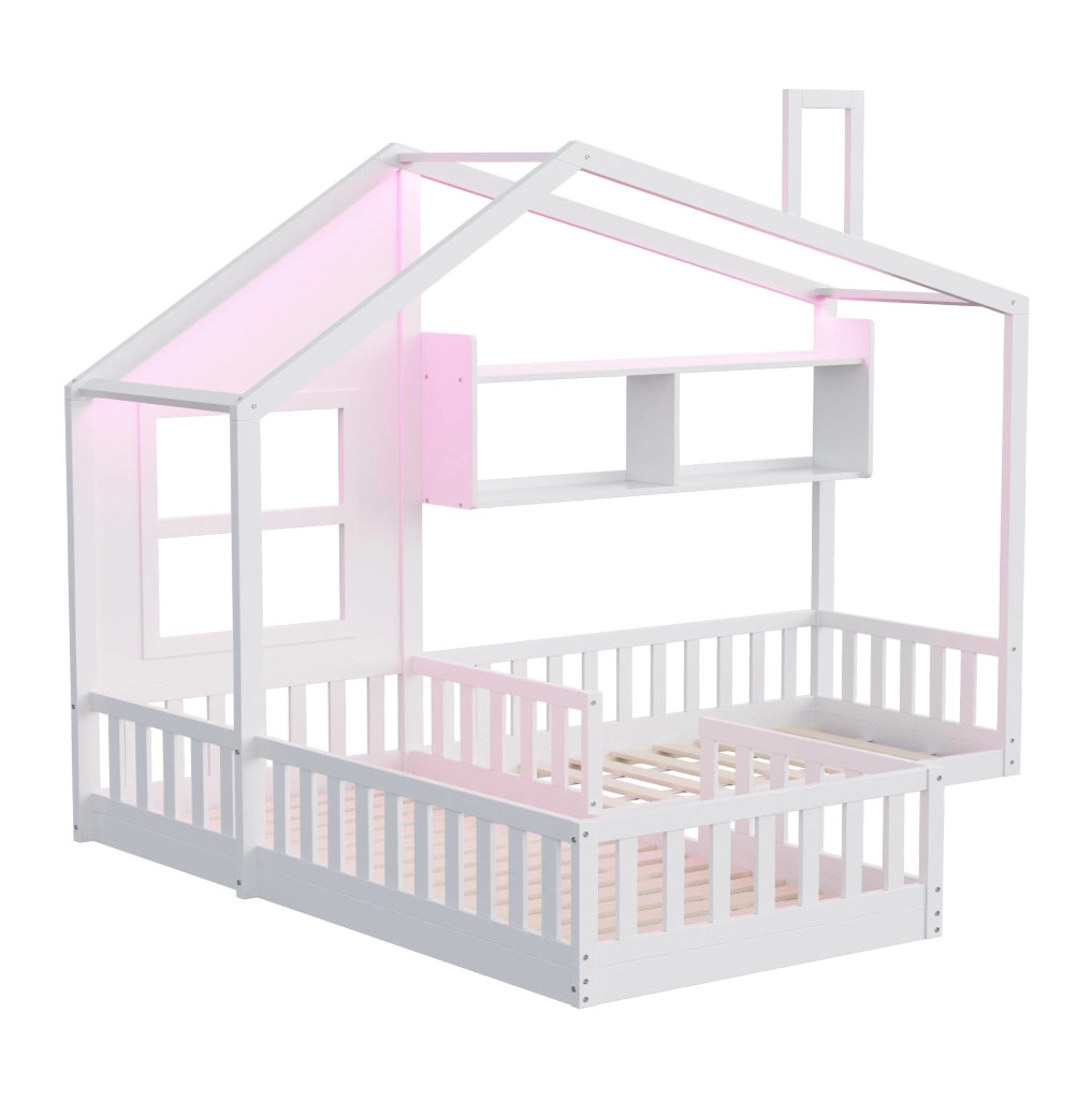 Letto per bambini a casetta 90x200 cm con LED e ripiani