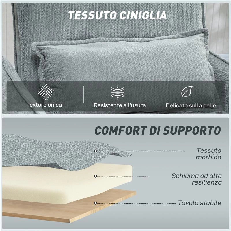 POLTRONA LETTO 3 IN 1 CON SCHIENALE RECLINABILE E CUSCINO, RIVESTIMENTO IN CINIGLIA, 88X84X87 CM, GRIGIO