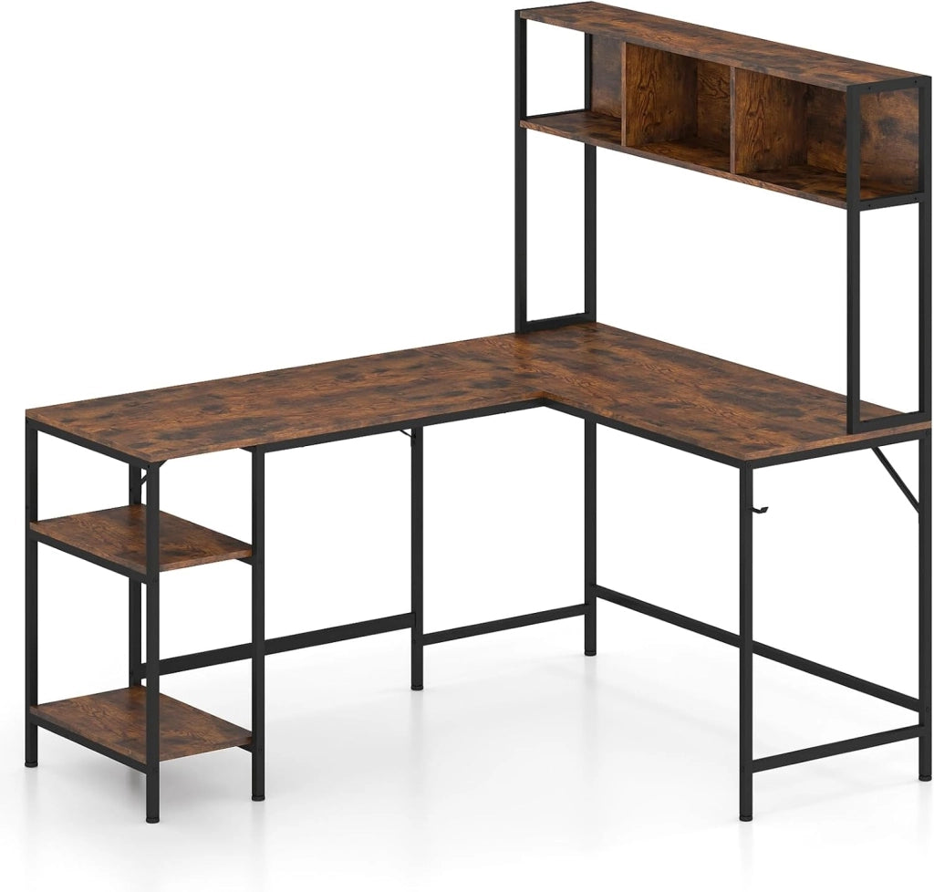 Scrivania a Forma di L in Legno con Libreria, Mensole Laterali e Gancio, Telaio Metallico, Scrivania per Computer Angolare con Piedini Antiscivolo Regolabili per Studio e Ufficio (Marrone)