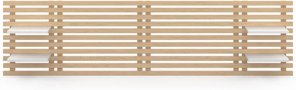 Testiera effetto doga 240 cm in legno chiaro e ripiani bianchi AVA