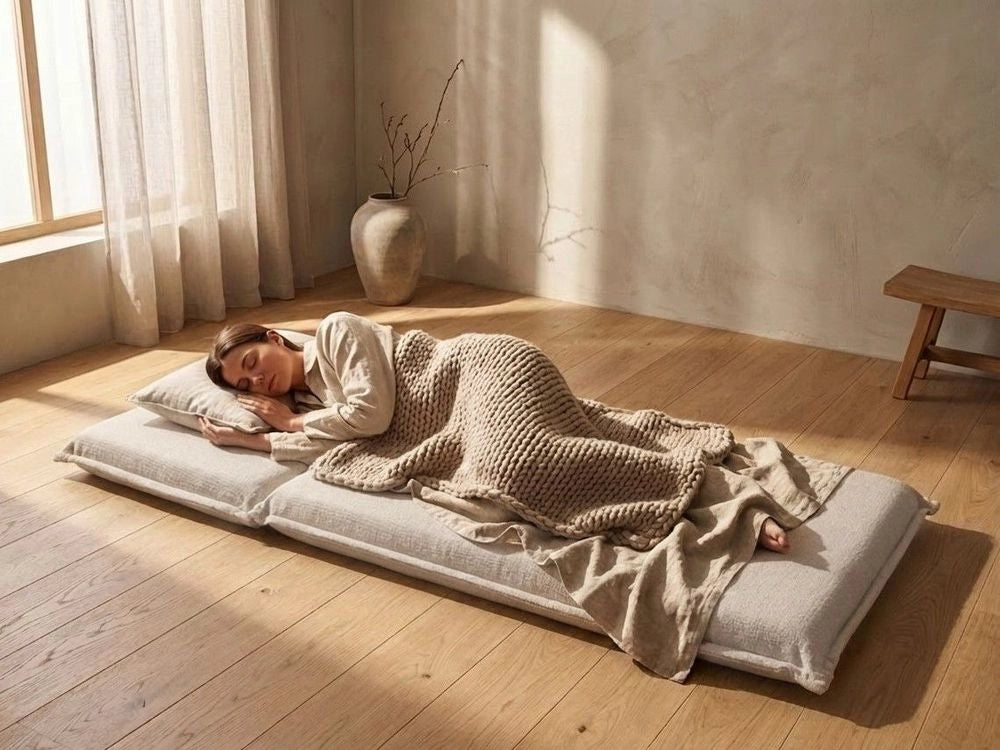 Divano letto bianco sporco Poltrona da pavimento Rivestimento in tessuto Letto singolo pieghevole con cuscino Design moderno Camera dei bambini Soggiorno