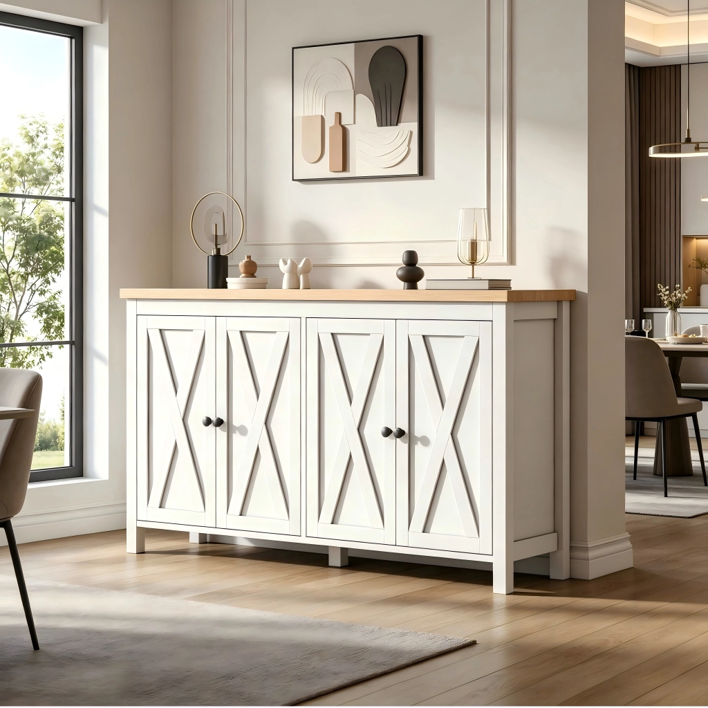 Credenza bianca 140x40x78 cm con 4 ante, 2 ripiani regolabili, struttura in MDF, portata 30 kg, stile moderno