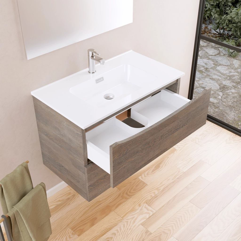Mobile da bagno sospeso 80cm rovere scuro con lavabo e specchio | Aspen