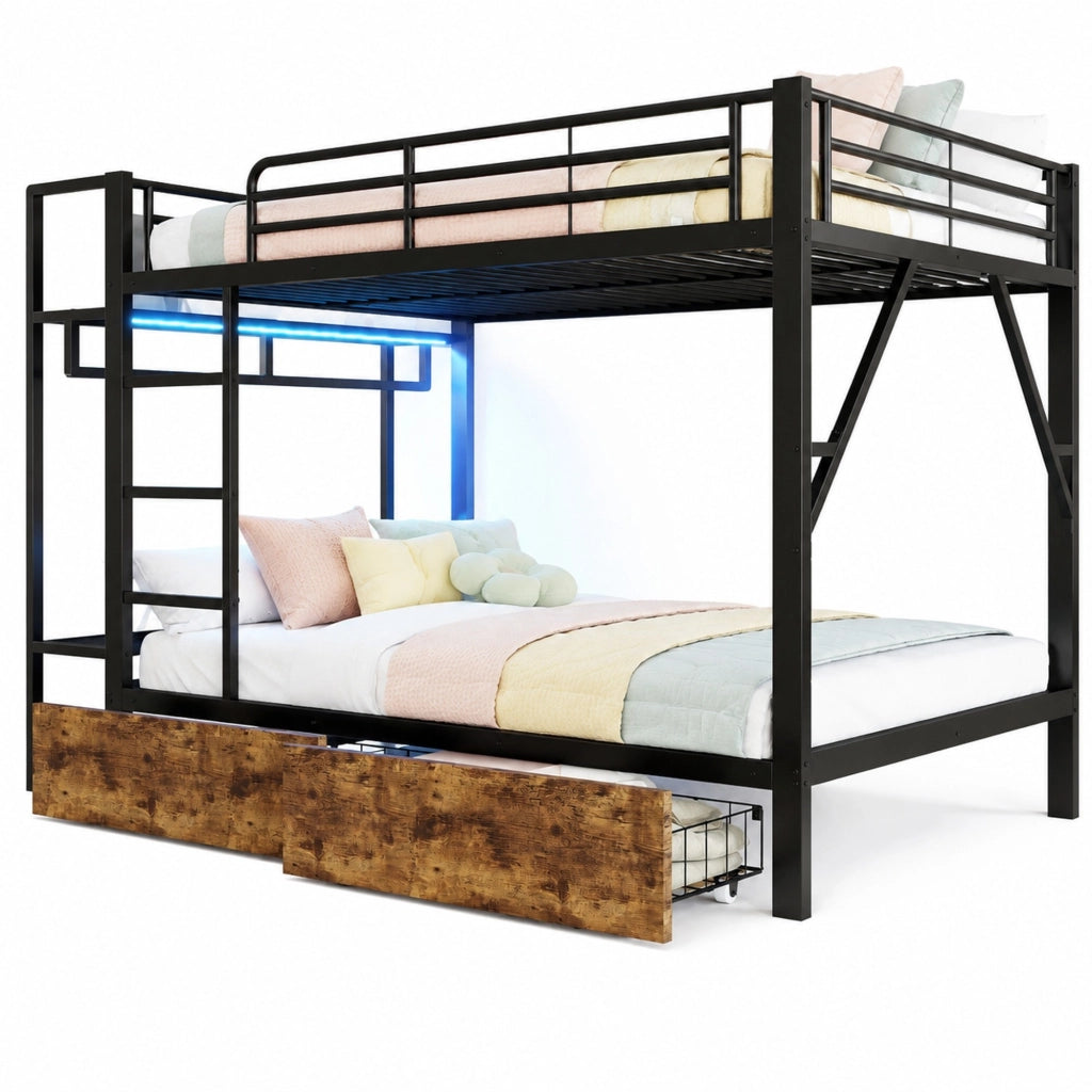 Letto a castello 140x200 cm con LED, 2 cassetti e ripiani, nero
