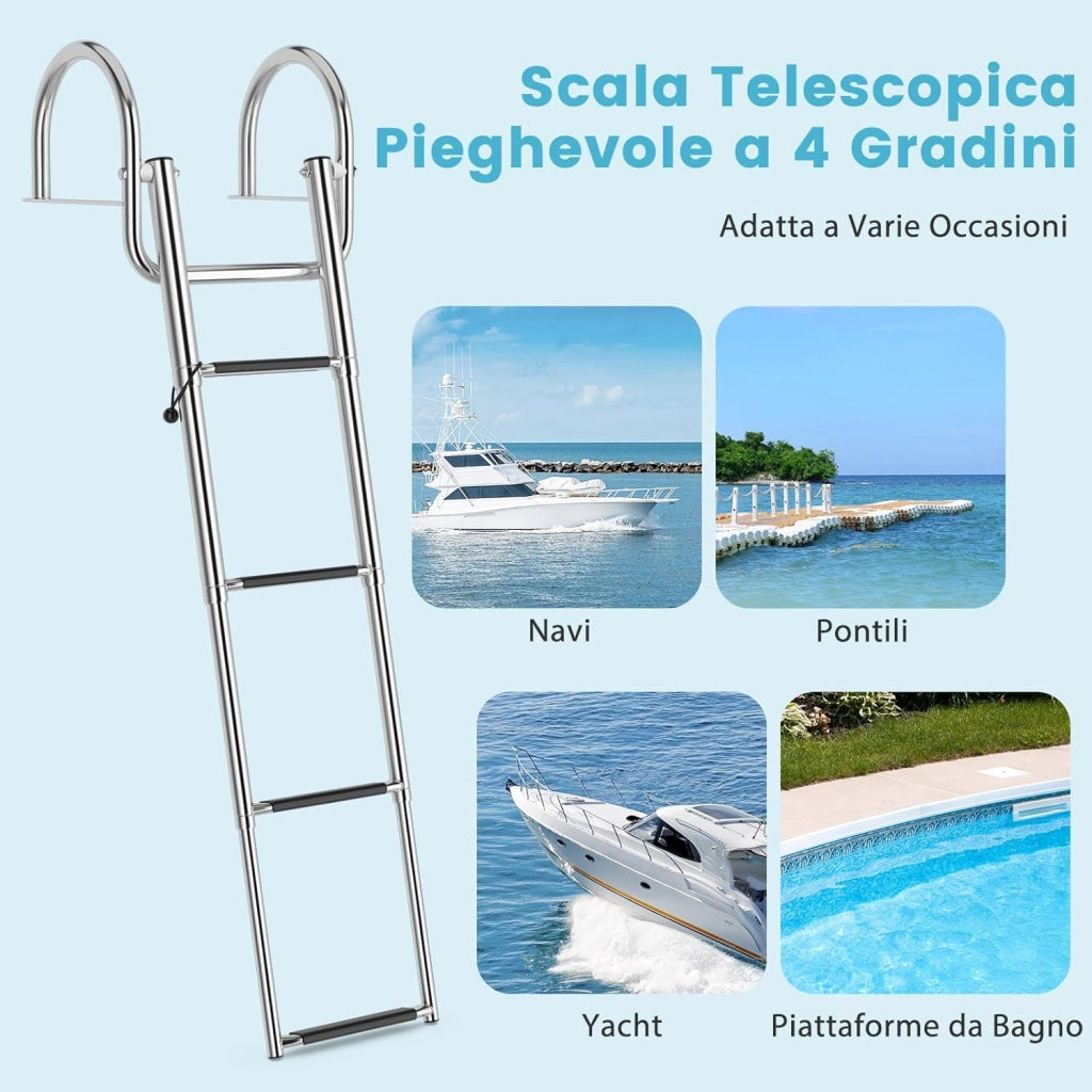 Scaletta per Piscina con 4 Gradini, Scala per Barca Pieghevole con Corrimano e Gradini Antiscivolo, Multisuo, in Acciaio Inox, Carico 227 kg