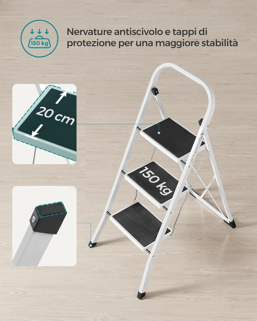 Scala a 3 Gradini  Pieghevole Facile da Riporre Portata max 150 kg, Bianco Semplice