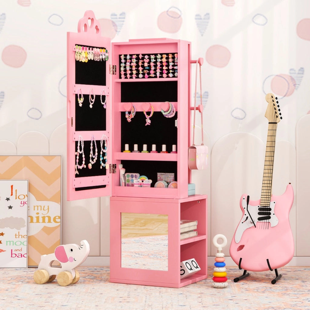 Armadio portagioie per bambini con specchio a figura intera e appendiabiti, Armadio porta abiti 3 in 1 per ragazze Rosa-Armadietti per gioielli