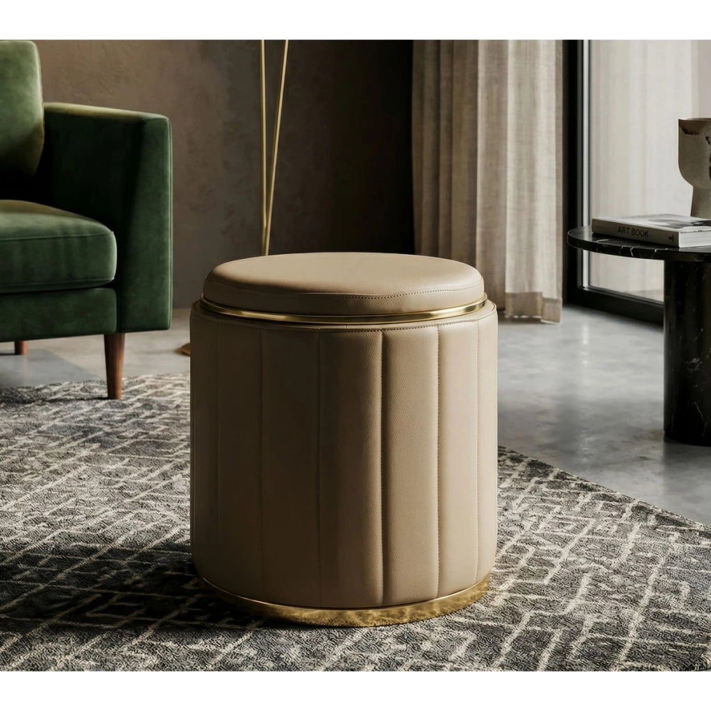 Pouf contenitore London in ecopelle marrone e metallo oro