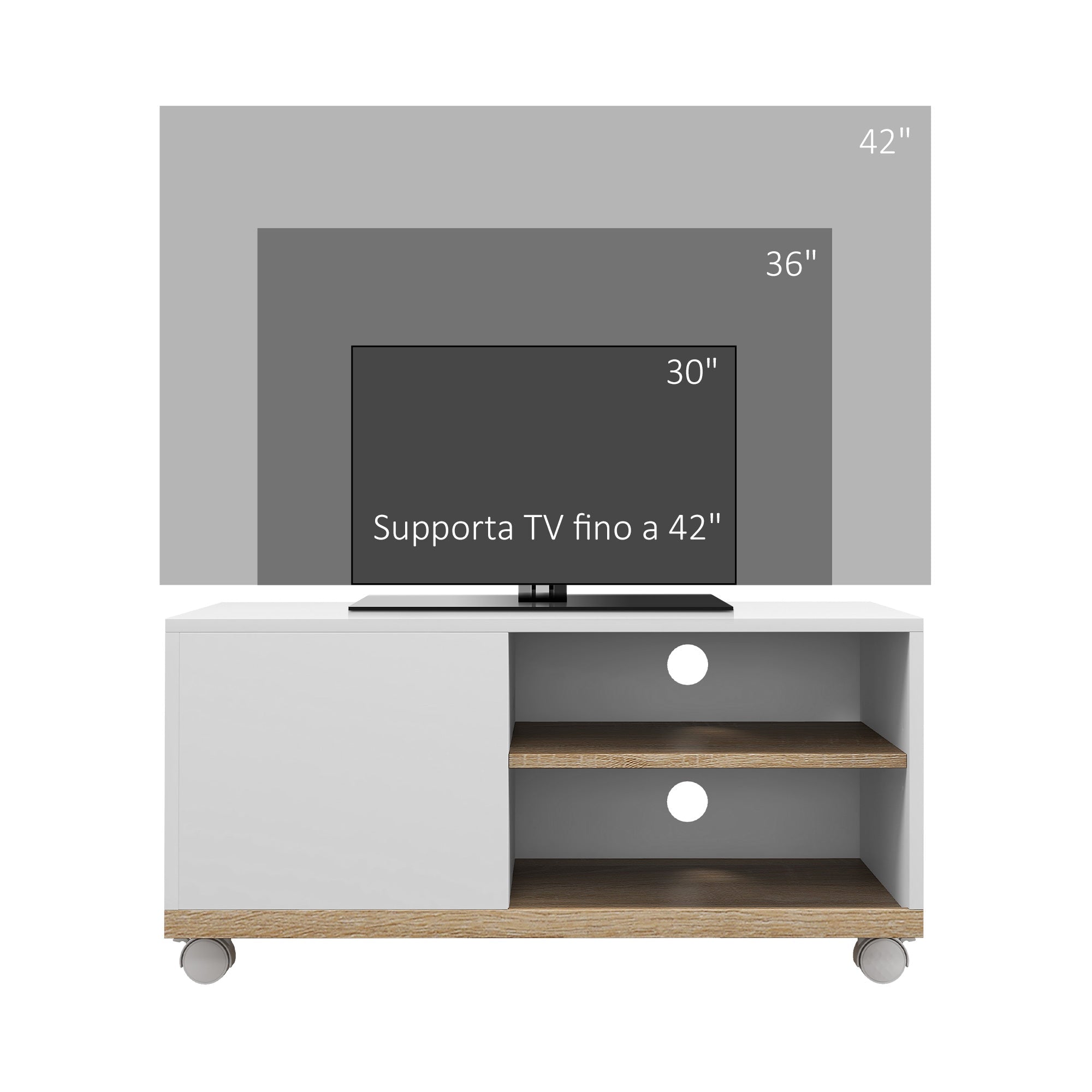 Mobile TV 42" Max con 2 Ripiani Aperti e Anta e Ruote 80x45x39.5 cm in Truciolato Bianco