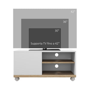 Mobile TV 42" Max con 2 Ripiani Aperti e Anta e Ruote 80x45x39.5 cm in Truciolato Bianco