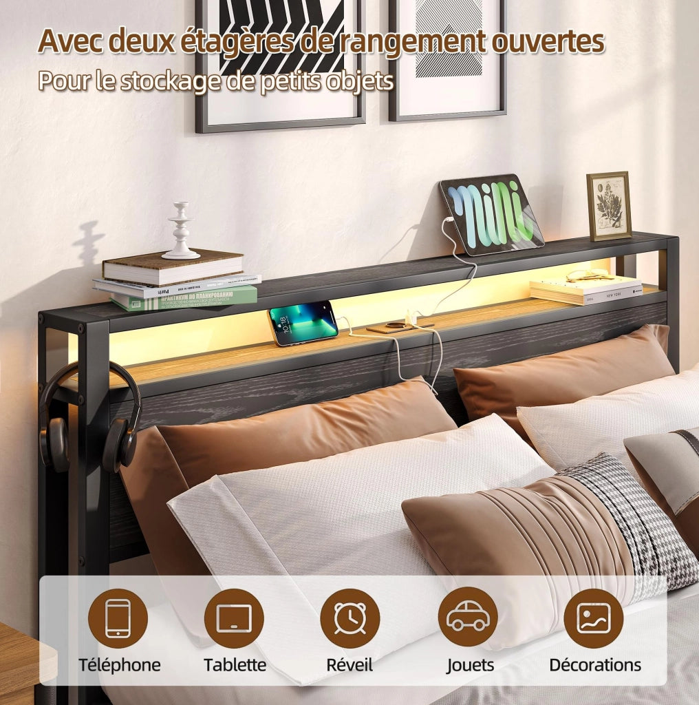 Letto 140x190 cm in metallo con testiera contenitore e USB