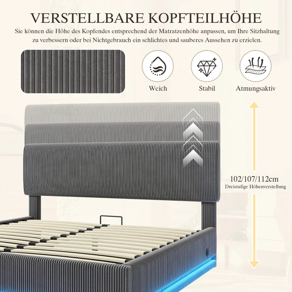 LETTO Contenitore 160x200 cm in Corduroy Grigio Scuro con LED e USB-C