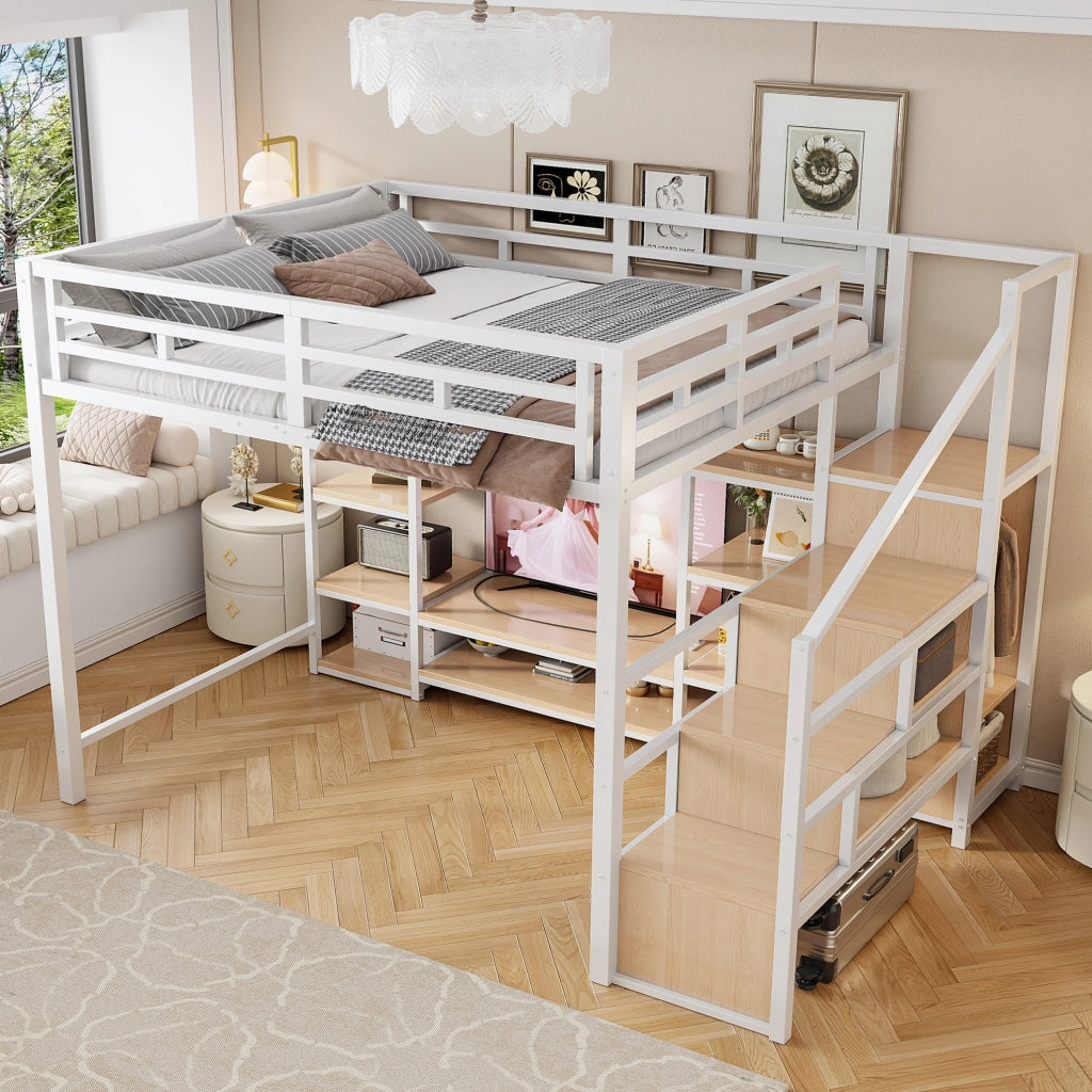Letto a soppalco ULEVR 140x200 cm con supporto TV, presa integrata e scala di sicurezza, bianco