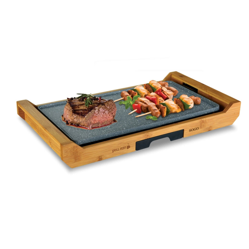 Piastra elettrica grill 43x23 cm con rivestimento antiaderente effetto pietra e base in bambù 2200W - Sogo