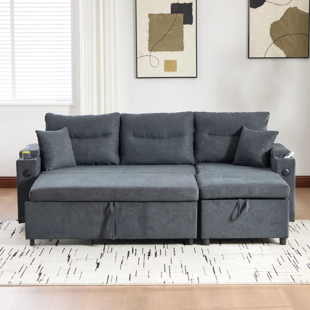 Divano convertibile a 3 posti in lino con contenitore, porte USB-C, chaise longue idraulica e letto estraibile grigio scuro