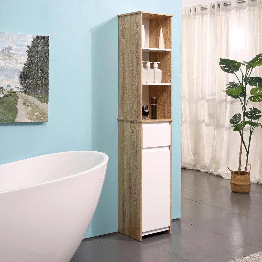 Scaffale Bagno Salvaspazio in Legno, Mobiletto a Colonna con Ripiani, Armadietto e Cassetto, Bianco, 32.6x30x171.2cm