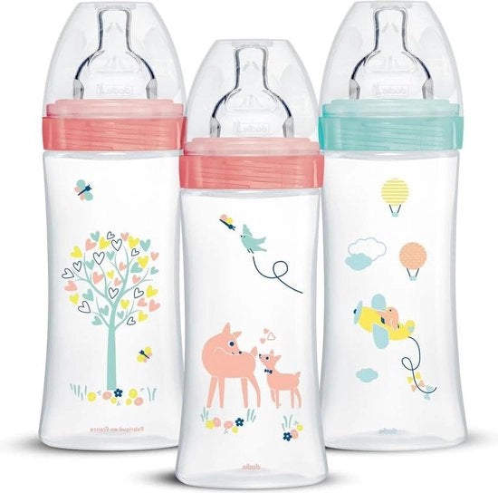Set di 3 Flessi per Bambini Sensazione Plus - Femmine - 330 ml - 6 mesi - Flusso di Lattazione 3 - Rosa Pastello - 3 pezzi