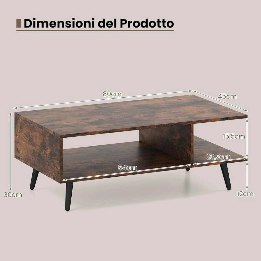 Tavolino da Caffè a 2 Livelli, Tavolino Moderno con Gambe in Metallo e Ripiano, Tavolo Centrale Rettangolare per Soggiorno, Studio e Ufficio (Marrone)
