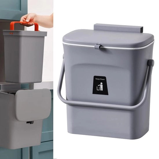 Vasca da cucina 2 in 1 con coperchio scorrevole, vasca sotto il lavello, contenitore da 9 l con contenitore interno, contenitore da rifiuti portatile da appendere con gancio ad adesivo e raschietto (grigio)