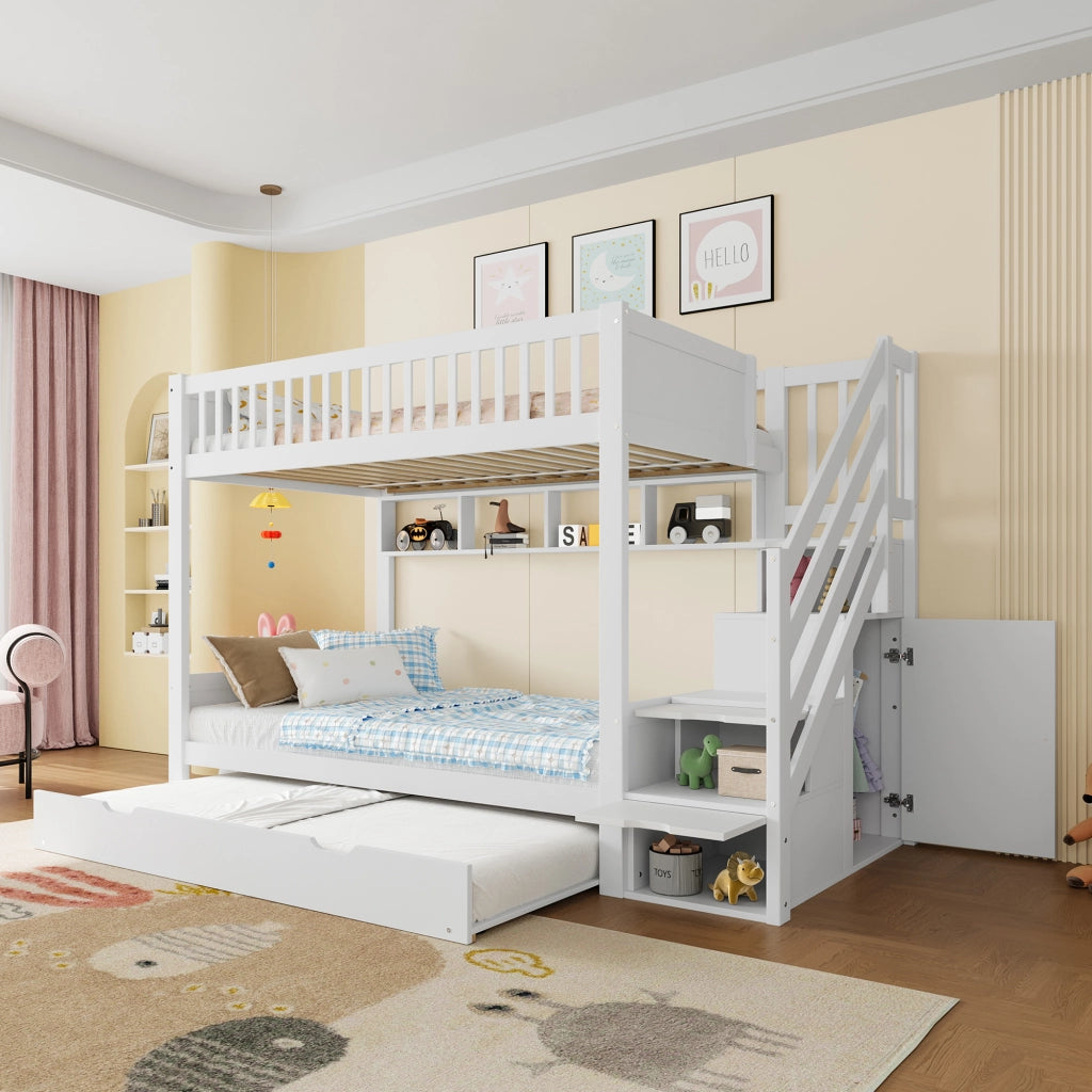 Letto a castello con letto estraibile scaffale armadio vano contenitore pino bianco 90x200 cm