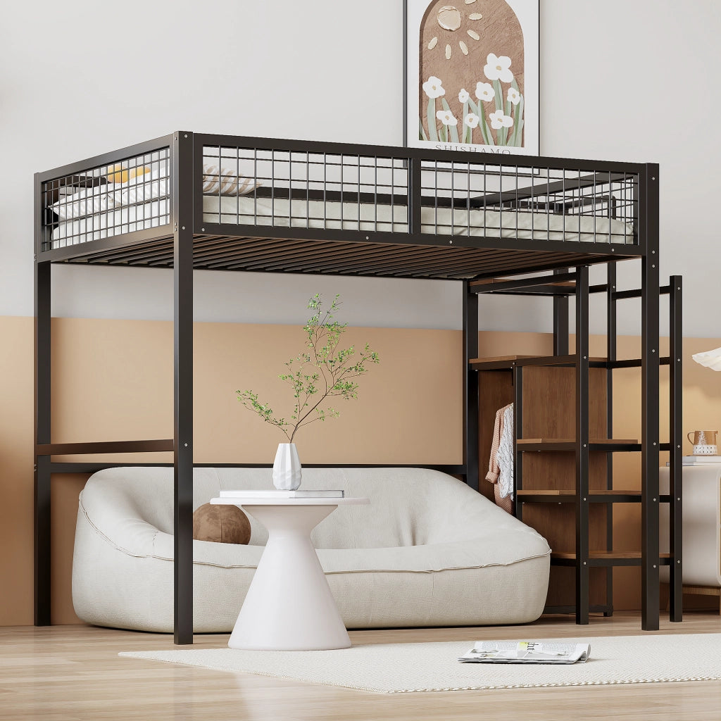 OKWISH Letto a Soppalco 140×200 cm, Letto Matrimoniale con Scala, Mensole e Armadio, senza Materasso, in Metallo, Nero