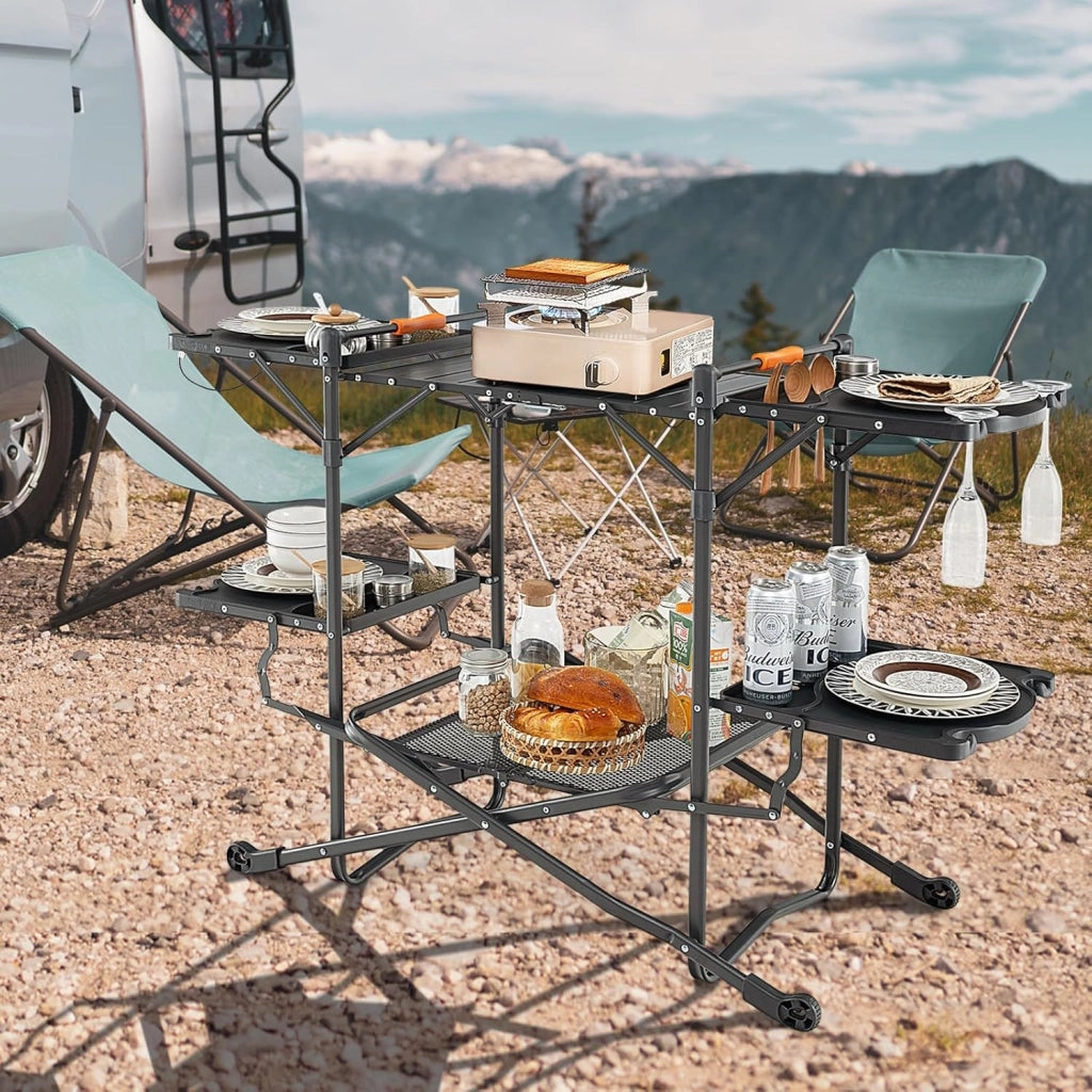 Tavolo da Giardino Pieghevole, Tavolo da Pranzo Portatile con 4 Tavoli Laterali, Mensola Portaoggetti, Borsa, Piano in Alluminio, Tavolo da Esterno Rettangolare da Picnic, BBQ, Patio, Nero