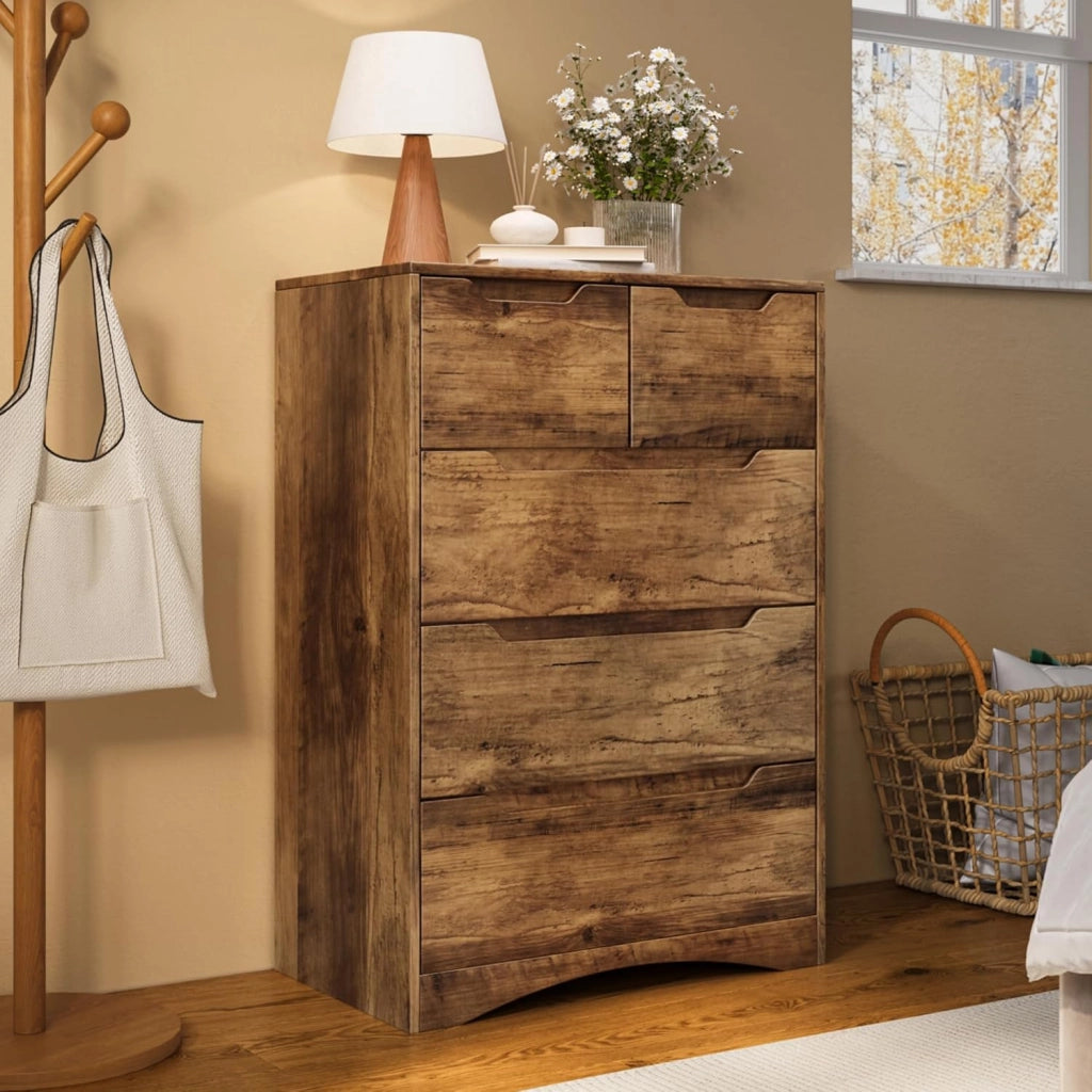 Cassettiera con 5 cassetti, armadio per camera da letto, armadio dipinto, per soggiorno, impermeabile e durevole, 94 x 72 x 41 cm (marrone chiaro)