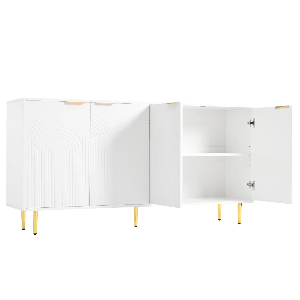 Credenza soggiorno bianca 4 ante con maniglie e dettagli oro, 160x40x80 cm, ripiani regolabili