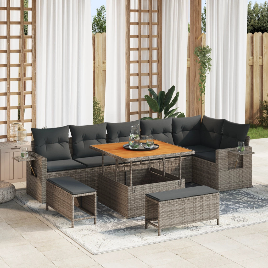 Set di Divani da Giardino a 9 Pezzi con Cuscini Grigio Polyrattan Acacia
