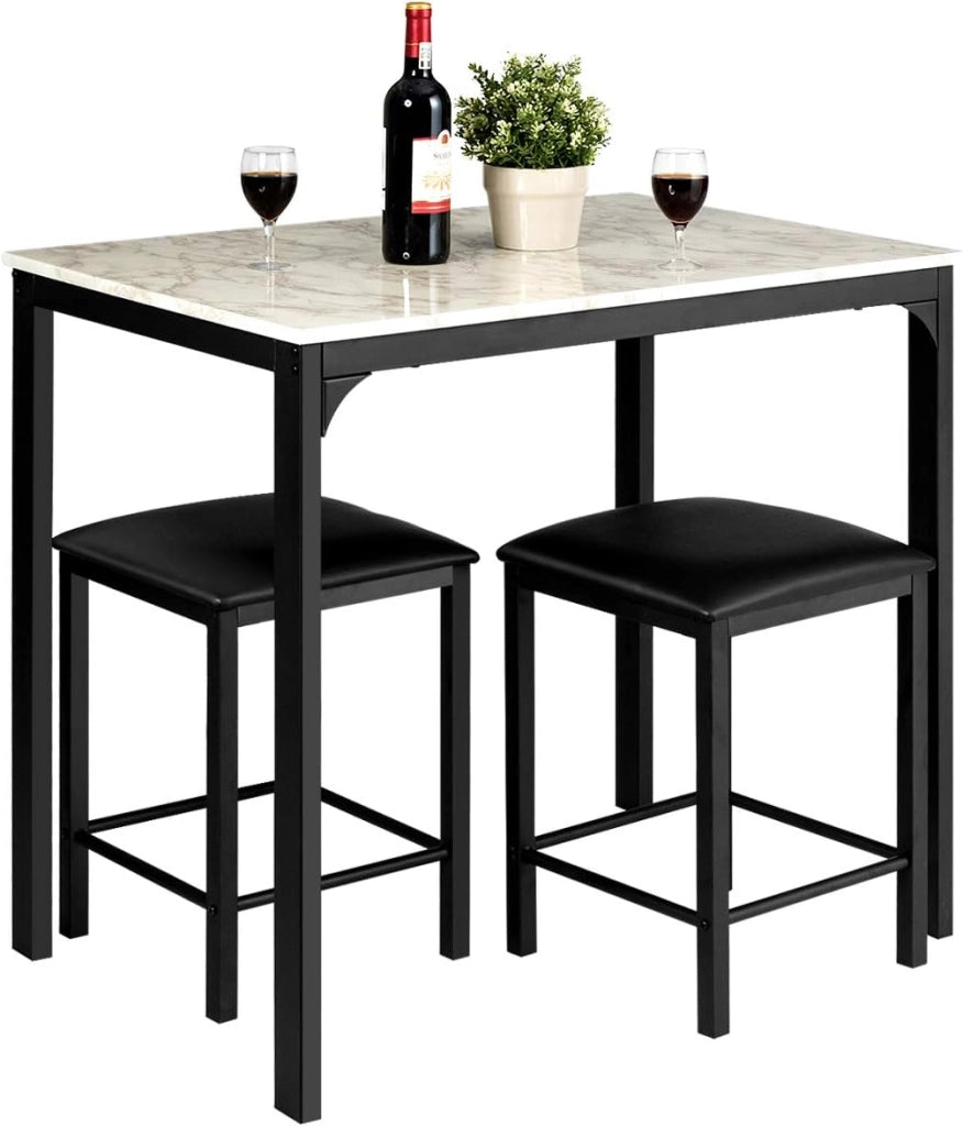 Tavolo alto da cucina e 2 sgabelli, set di 3 pezzi di sala da pranzo per 2 persone, tavolo bar cucina moderno e compatto in finitura finto marmo, mangia in piedi per bistrò, soggiorno (bianco)