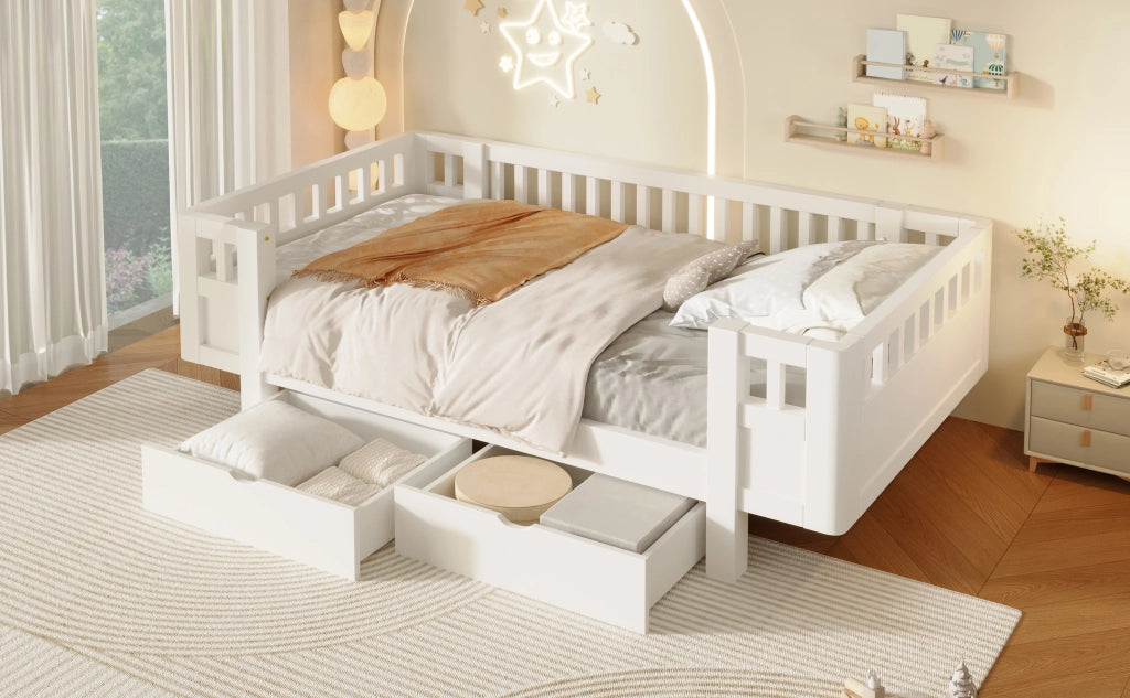 Letto a piattaforma 90 x 200 cm con sponda protettiva e due cassetti, in legno massiccio e MDF bianco per bambini