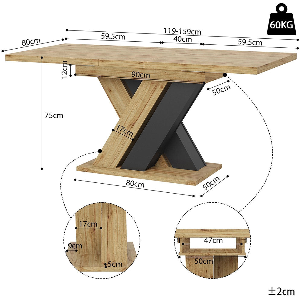 Tavolo da pranzo telescopico - Xylo - 119-158,5¡Á80cm - Colore legno con gambe a X