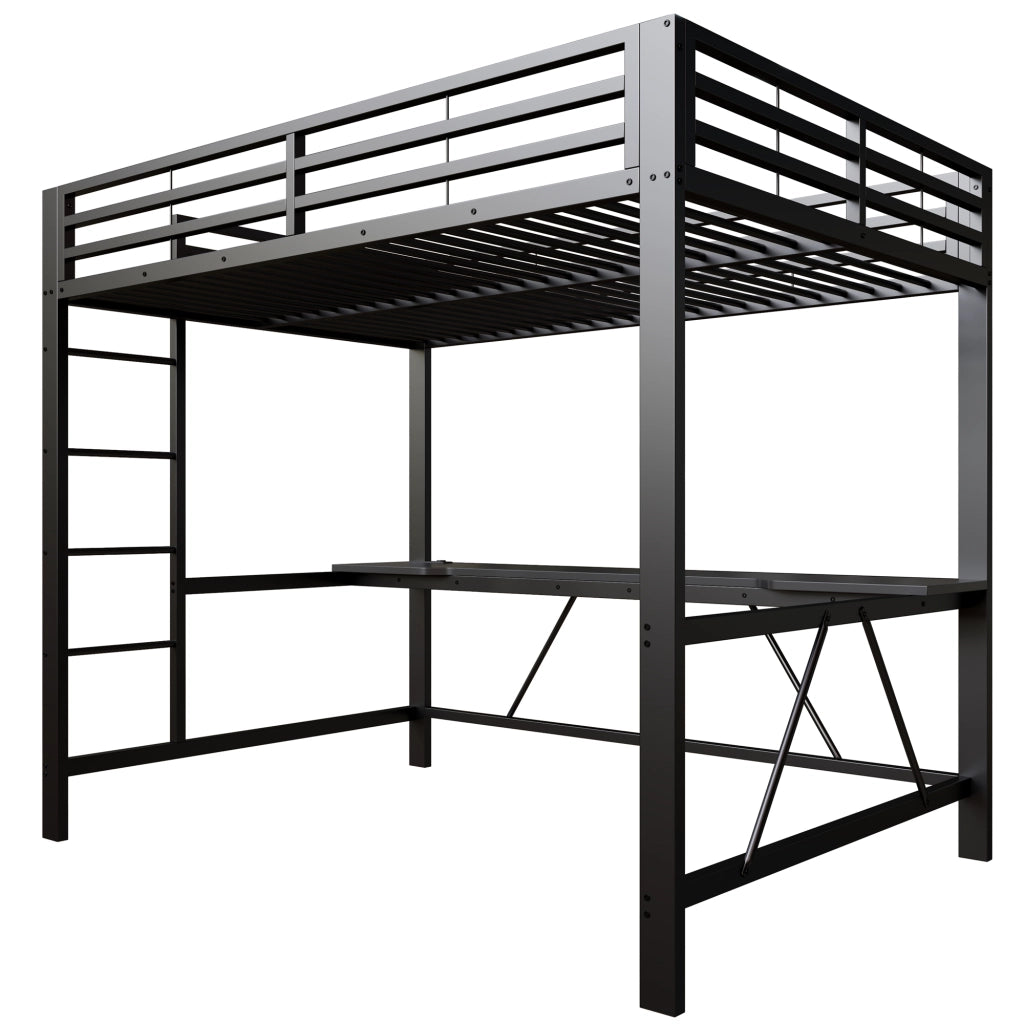DESMIU Letto a soppalco 140 × 200 cm 2 posti con scrivania, LED, senza materasso, in MDF e metallo, nero