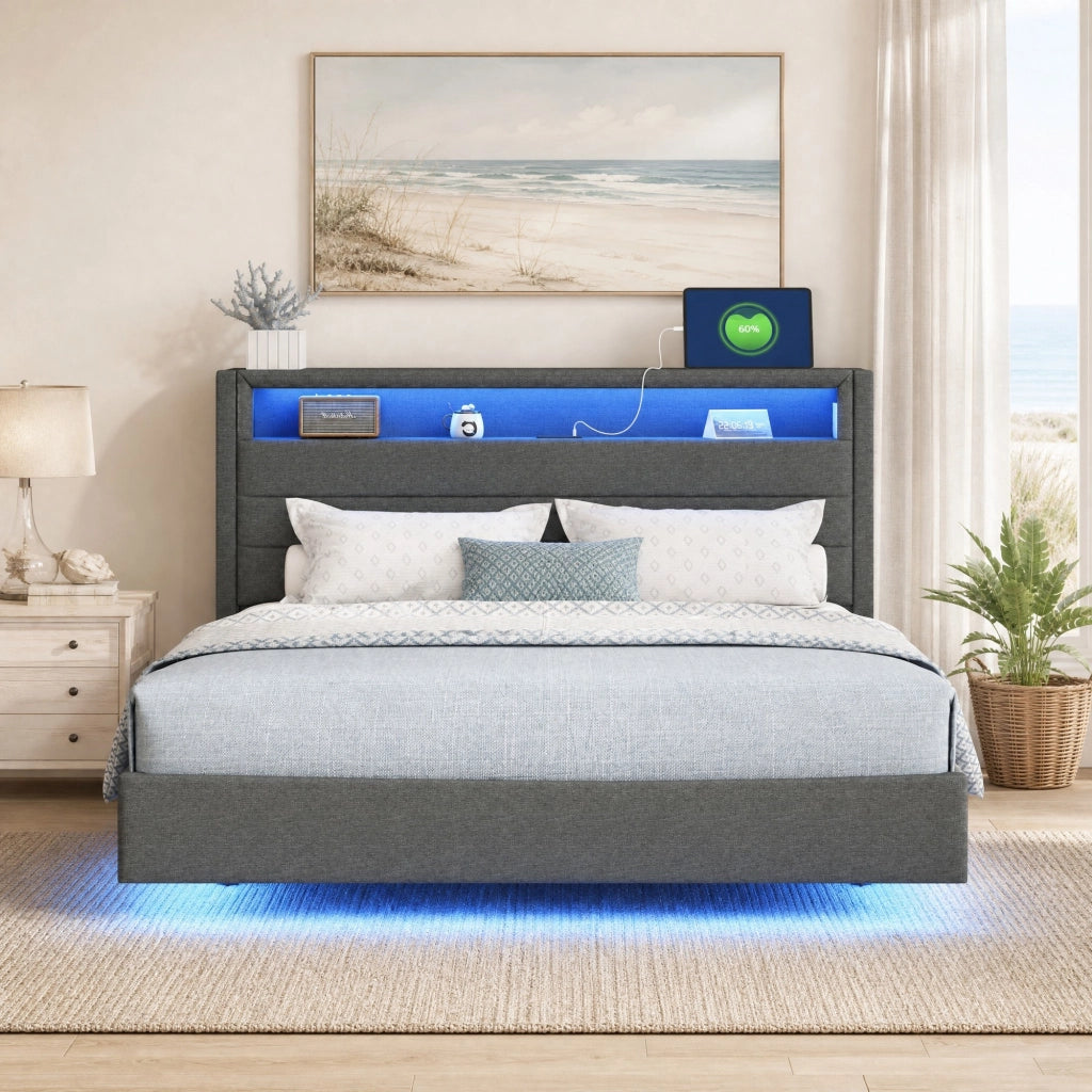 Letto matrimoniale imbottito 140x200 cm con USB; LED e testiera ribaltabile; grigio