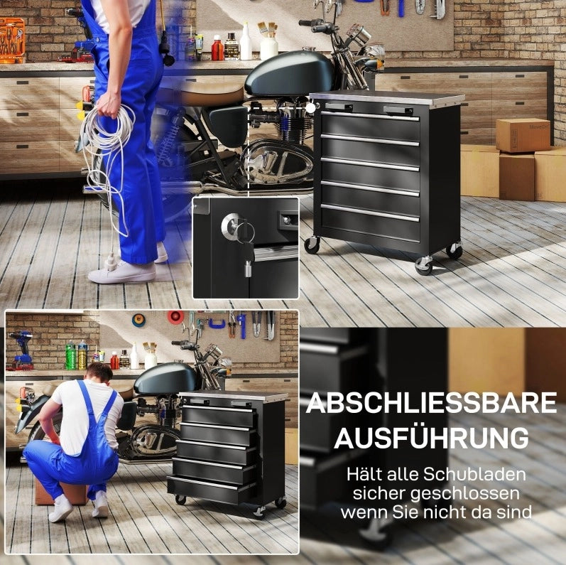 Carrello portautensili in acciaio con 5 cassetti nero